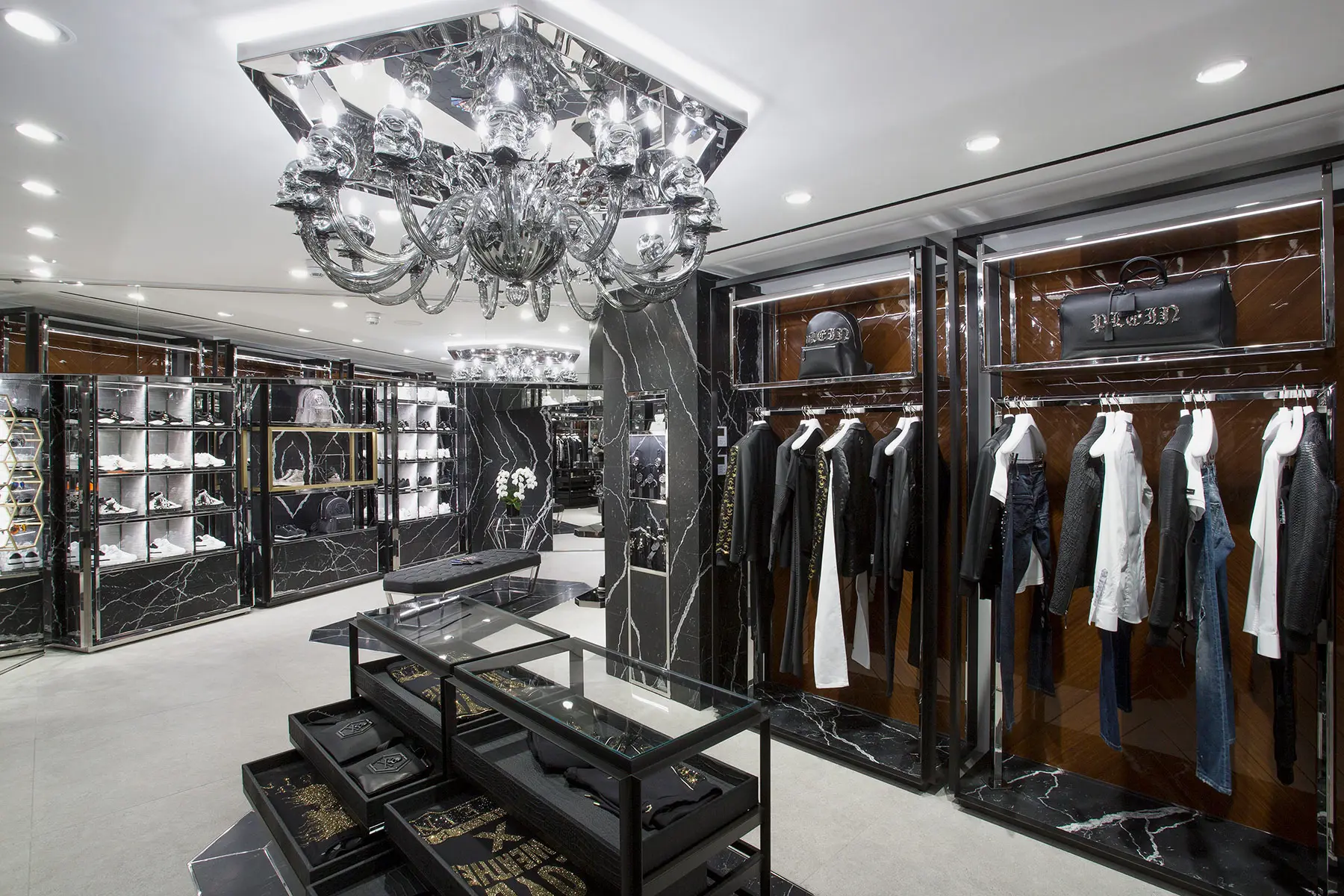 Luxury boutique with glass chandelier and bespoke fittings